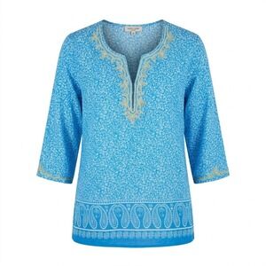 Anne Carson Woman 1X Blue Floral Cotton Top Gold Embroidered Split Neck